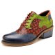 Retro Clover Pattern Hand-colored Genuine Leather Lace Up Block Heel Shoes