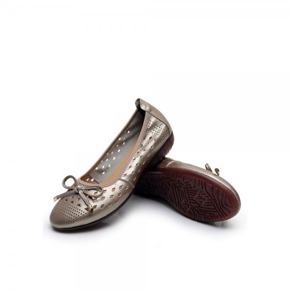 Women Leather Round Toe Breathable Hollow Bow Decoration Slip On Flat Loafers Shoes