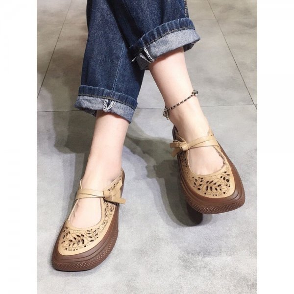 Women Casual Knotted Hook Loop Wide-toe Shoes Leaf Hollow Design Flats