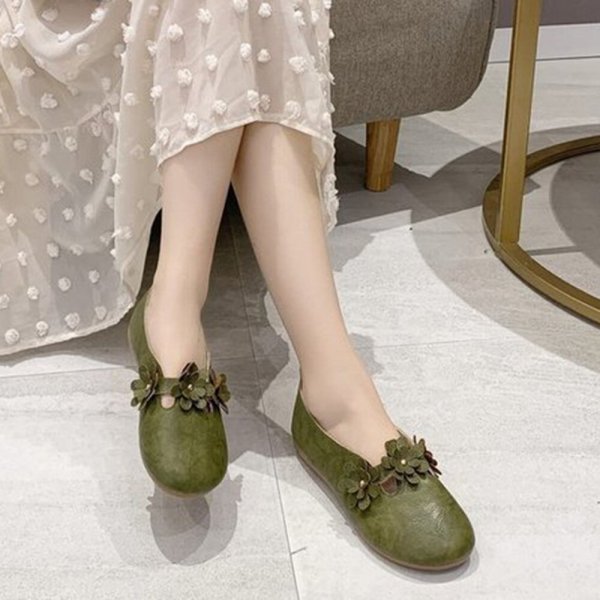 Women Retro Flower Decor Casual Soft Round Toe Slip-on Flats