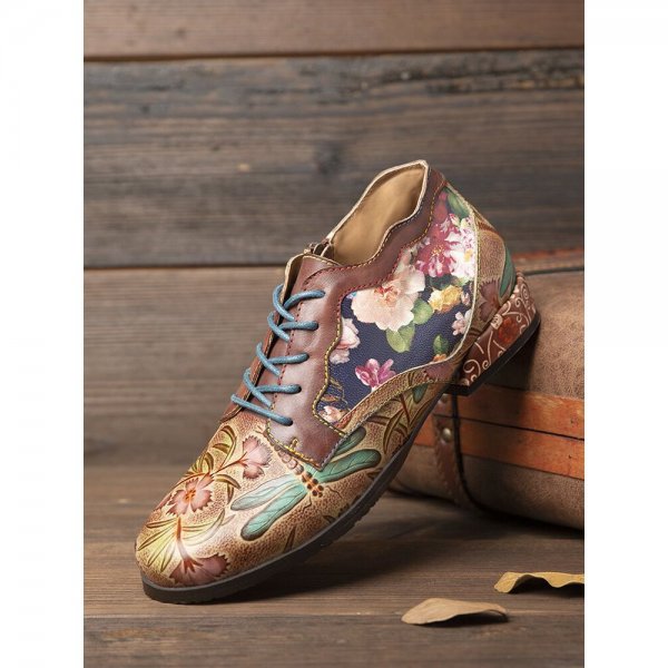 Natural Flowers Pattern Stitching Cowhide Leather Comfy Lace Up Flat Shoes Loafers