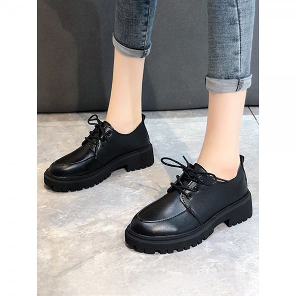 Women British Style Comfy Wearable Black Lace Up Platform Casual Shoes