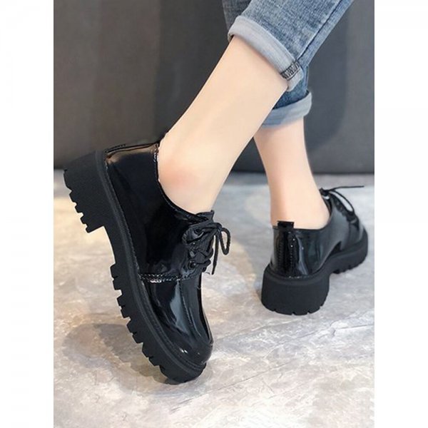 Women British Style Comfy Wearable Black Lace Up Platform Casual Shoes