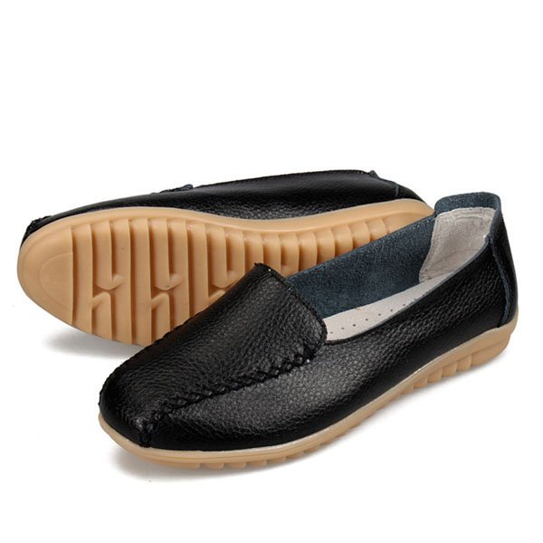 Pure Color Stitching Leather Soft Flat Shoes For Women