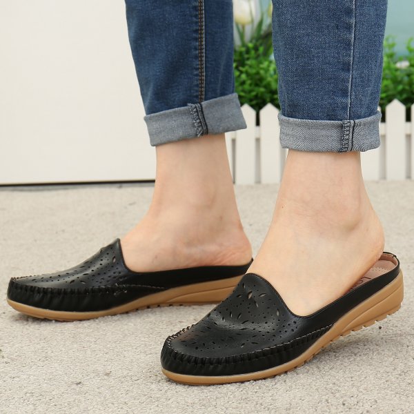 Handmade Stitching Non Slip Hollow Out Easy Slip On Backless Flats