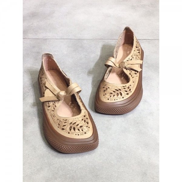 Women Casual Knotted Hook Loop Wide-toe Shoes Leaf Hollow Design Flats