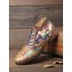 Natural Flowers Pattern Stitching Cowhide Leather Comfy Lace Up Flat Shoes Loafers