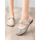 Women Floral Decor Carved Hollow Out Breathable Soft Leather Mary Jane Flat Shoes