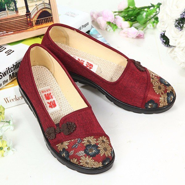 Floral Chinese Knot National Style Vintage Cotton Slip On Flat Shoes