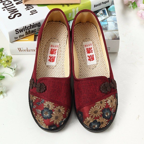 Floral Chinese Knot National Style Vintage Cotton Slip On Flat Shoes