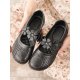 Women Floral Decor Carved Hollow Out Breathable Soft Leather Mary Jane Flat Shoes