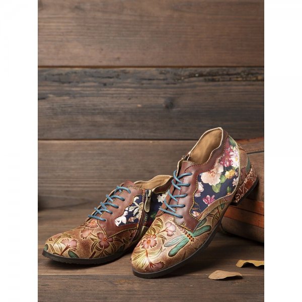 Natural Flowers Pattern Stitching Cowhide Leather Comfy Lace Up Flat Shoes Loafers