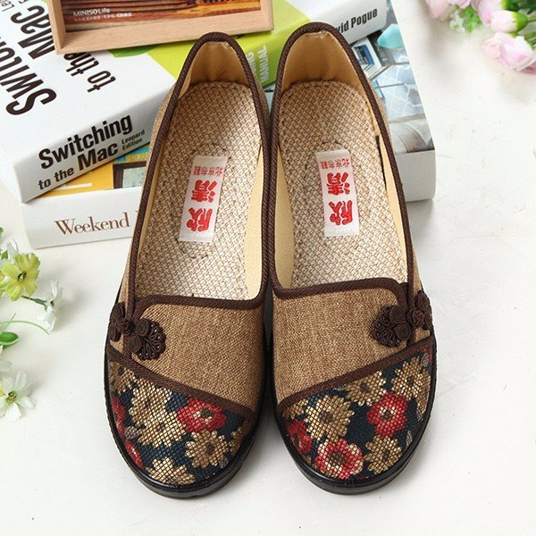 Floral Chinese Knot National Style Vintage Cotton Slip On Flat Shoes