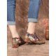 Natural Flowers Pattern Stitching Cowhide Leather Comfy Lace Up Flat Shoes Loafers