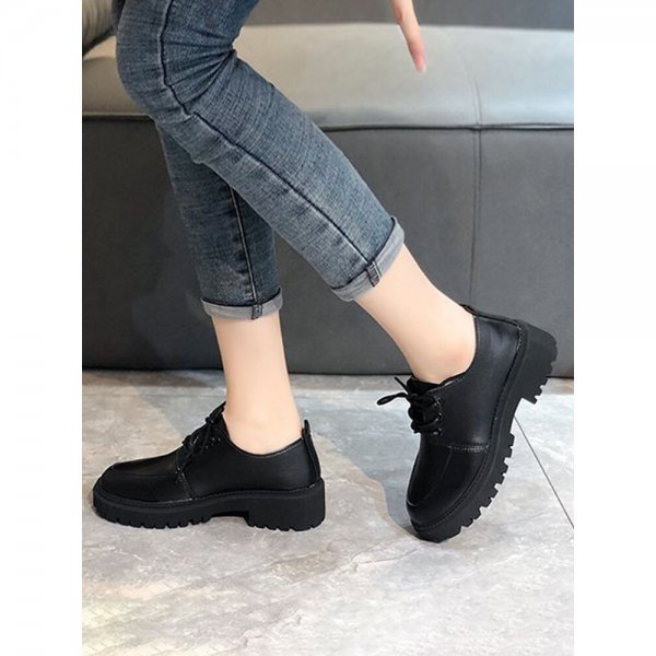 Women British Style Comfy Wearable Black Lace Up Platform Casual Shoes