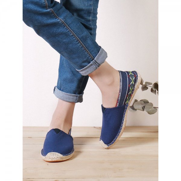 Ethnic Splicing Colorful Striped Linen Comfy Breathable Slip On Casual Espadrille Flat Shoes