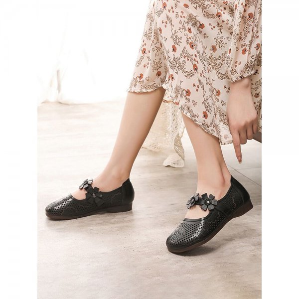 Women Floral Decor Carved Hollow Out Breathable Soft Leather Mary Jane Flat Shoes