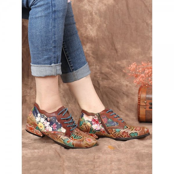 Natural Flowers Pattern Stitching Cowhide Leather Comfy Lace Up Flat Shoes Loafers